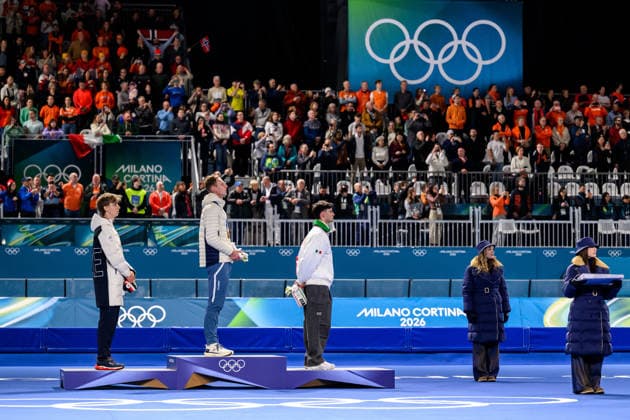 260208 Metodej Jilek of Czechia, Sander Eitrem of Norway and Riccardo Lorello of Italy celebratee on the podium after the men s 5000 meter Speed skating, Eisschnelllauf during day 2 of the 2026 Winter Olympics on February 8, 2026 in Milan. Photo: Emma Wallskog BILDBYRAN kod EW EW0623 skridskor speed skating Olympic Games, Olympische Spiele, Olympia, OS olympics winter olympics os ol olympiska spel vinter-os olympiske leker milano cortina 2026 milan cortina 2026 milano cortina 2026 olympic games milano cortina 2026 winter olympic games milano cortina-os milano cortina-ol vinter-ol 2 bbeng italien jubel *** 260208 Metodej Jilek of Czechia, Sander Eitrem of Norway and Riccardo Lorello of Italy celebratee on the podium after the men s 5000 meter speed skating during day 2 of the 2026 Winter Olympics on February 8, 2026 in Milan Photo Emma Wallskog BILDBYRAN code EW EW0623 skates speed skating olympic games olympics winter olympics os ol olympic games winter os olympic games milano cortina 2026 milan cortina 2026 milano cortina 2026 olympic games milano cortina 2026 winter olympic games milano cortina os milano cortina ol winter ol 2 bbeng italy cheering  Copyright: EMMAxWALLSKOG BB260208EW065