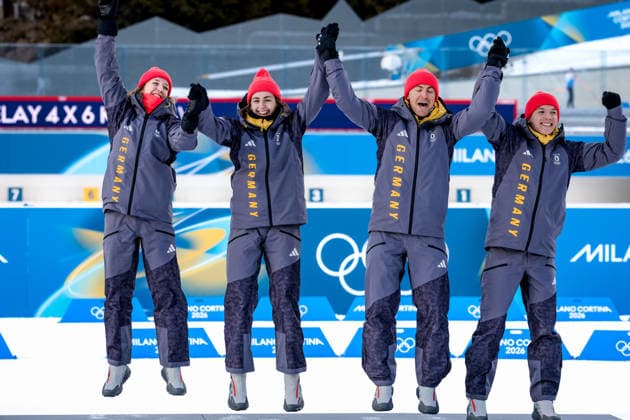 OLYMPICS - Winter Olympic Games, Olympische Spiele, Olympia, OS Milano Cortina 2026 ANTHOLZ,ITALY,08.FEB.26 - OLYMPICS, BIATHLON - Winter Olympic Games Milano Cortina 2026, mixed relay, 4x6km. Image shows Franziska Preuss, Vanessa Voigt, Philipp Nawrath and Justus Strelow (GER).  GEPAxpictures xMatthiasxTrinkl