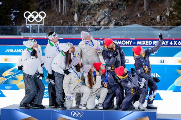 OLYMPICS - Winter Olympic Games, Olympische Spiele, Olympia, OS Milano Cortina 2026 ANTHOLZ,ITALY,08.FEB.26 - OLYMPICS, BIATHLON - Winter Olympic Games Milano Cortina 2026, mixed relay, 4x6km. Image shows Lisa Vittozzi, Dorothea Wierer, Lukas Hofer and Tommaso Giacomel (ITA), Eric Perrot, Lou Jeanmonnot, Julia Simon and Quentin Fillon Maillet (FRA) and Franziska Preuss, Vanessa Voigt, Philipp Nawrath and Justus Strelow (GER). Keywords: medal.  GEPAxpictures xMatthiasxTrinkl