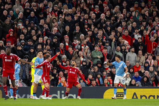 Football - FA Premier League - Liverpool FC v Manchester City FC LIVERPOOL, ENGLAND - Sunday, February 8, 2026: Liverpool s Mohamed Salah reacts to his penalty appeal denied during the FA Premier League match between Liverpool FC and Manchester City FC at Anfield. (Photo by David Rawcliffe Propaganda) LIVERPOOL Anfield MERSEYSIDE ENGLAND  Copyright: xDavidxRawcliffex P2026-02-08-Liverpool_Man_City-63