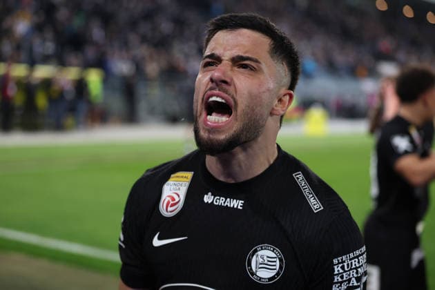 SOCCER - BL, Sturm vs Ried GRAZ,AUSTRIA,08.FEB.26 - SOCCER - ADMIRAL Bundesliga, SK Sturm Graz vs SV Ried. Image shows the rejoicing of Jusuf Gazibegovic (Sturm).  GEPAxpictures xChrisxBauer