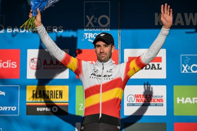 Spanish Felipe Orts Lloret pictured on the podium after the men s elite race of the Krawatencross cyclocross in Lille, the seventh stage (out of 8) in the X2O Badkamers Trofee competition, on Sunday 08 February 2026. DAVIDxPINTENS  x161971182x