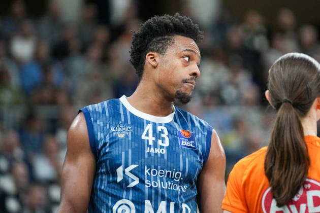 Basketball: easyCredit BBL, 19. Spieltag, MLP Academics Heidelberg - FC Bayern München Basketball am 08.02.2026 in Heidelberg (SNP Dome), Deutschland, Saison 2025 2026: Eric Reed Jr (43, MLP) im Fokus. Heidelberg SNP Dome Deutschland Copyright: xChristophxKinzingerx