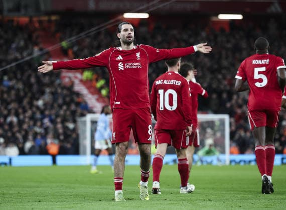 Liverpool v Manchester City, FA Premier League 08.02.26 Liverpool v Manchester City, FA Premier League Bradley Ormesher The Times Dominik Szoboszlai of Liverpool celebrates scoring his teams opening goal 1-0  Copyright: xBradleyxOrmesherx NINTCHDBPICT001057463060