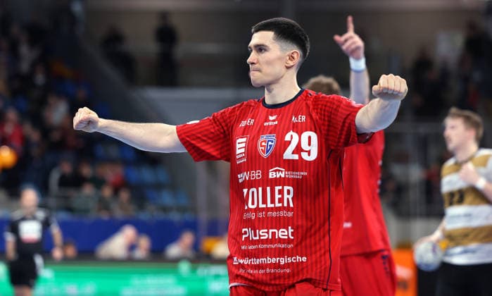 08.02.2026, Deutschland, Bietigheim Handball SG BBM Bietigheim vs. HC Elbflorenz 2006, Moritz Strosack (BBM) jubelt