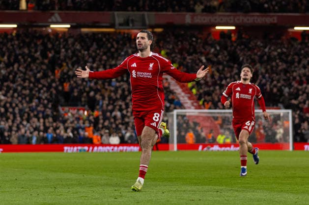 Football - FA Premier League - Liverpool FC v Manchester City FC LIVERPOOL, ENGLAND - Sunday, February 8, 2026: Liverpool s Dominik Szoboszlai celebrates after scoring the first goal during the FA Premier League match between Liverpool FC and Manchester City FC at Anfield. (Photo by David Rawcliffe Propaganda) LIVERPOOL Anfield MERSEYSIDE ENGLAND  Copyright: xDavidxRawcliffex P2026-02-08-Liverpool_Man_City-102