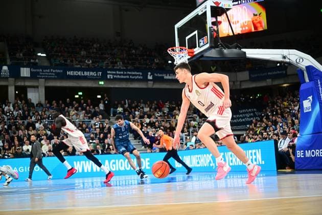 RECORD DATE NOT STATED Spielaktion mit Neno Dimitrijevic (0; FC Bayern Basketball) und Mateo Seric (21; MLP Academics Heidelberg) auf dem Spielfeld easyCredit BBL: MLP Academics Heidelberg – FC Bayern München Basketball - 08.02.2026 Copyright: xMichaelxGelhardtx