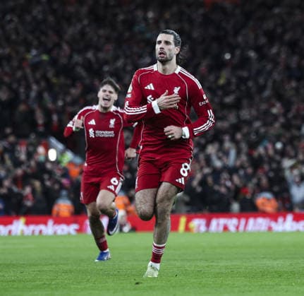 Liverpool v Manchester City, FA Premier League 08.02.26 Liverpool v Manchester City, FA Premier League Bradley Ormesher The Times Dominik Szoboszlai of Liverpool scores and celebrates scoring his teams opening goal 1-0  Copyright: xBradleyxOrmesherx NINTCHDBPICT001057464547