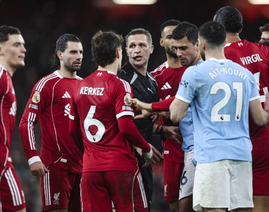 Liverpool v Manchester City, FA Premier League 08.02.26 Liverpool v Manchester City, FA Premier League Bradley Ormesher The Times Referee Craig Pawson surrounded by Liverpool players after Marc Guéhi of Manchester City foul  Copyright: xBradleyxOrmesherx NINTCHDBPICT001057464679
