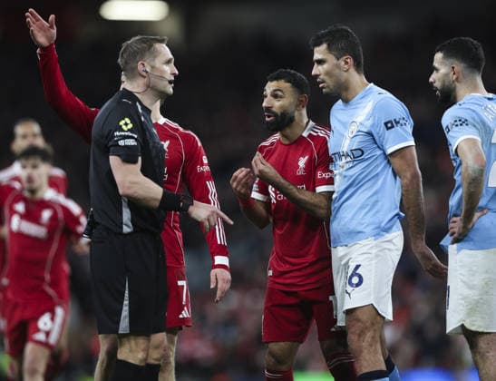 Liverpool v Manchester City, FA Premier League 08.02.26 Liverpool v Manchester City, FA Premier League Bradley Ormesher The Times Mohamed Salah of Liverpool complains to Referee Craig Pawson after Marc Guéhi of Manchester City foul  Copyright: xBradleyxOrmesherx NINTCHDBPICT001057464729