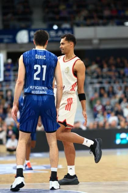 RECORD DATE NOT STATED Szene mit Justus Hollatz (21; FC Bayern Basketball) und Noah Koch (1; MLP Academics Heidelberg) in Verteidigungssituation easyCredit BBL: MLP Academics Heidelberg – FC Bayern München Basketball - 08.02.2026 Copyright: xMichaelxGelhardtx