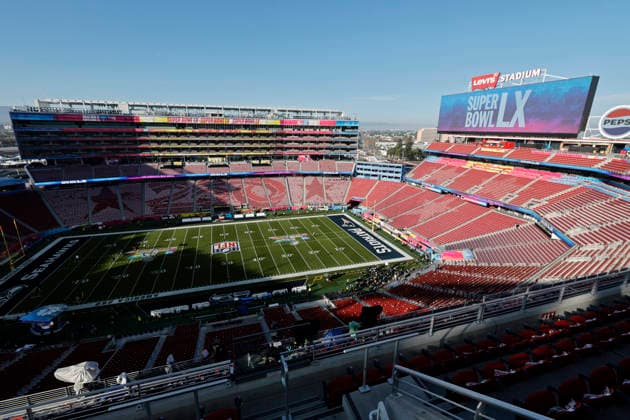 SANTA CLARA, CA - FEBRUARY 08: A general view of Levi s Stadium prior to the start of the Seattle Seahawks versus the New England Patriots Super Bowl LX game on February 8, 2026, at Levi s Stadium in Santa Clara, CA. (Photo by Bob Kupbens Icon Sportswire) NFL, American Football Herren, USA FEB 08 Super Bowl LX Seahawks vs Patriots Pregame EDITORIAL USE ONLY Icon2601010008
