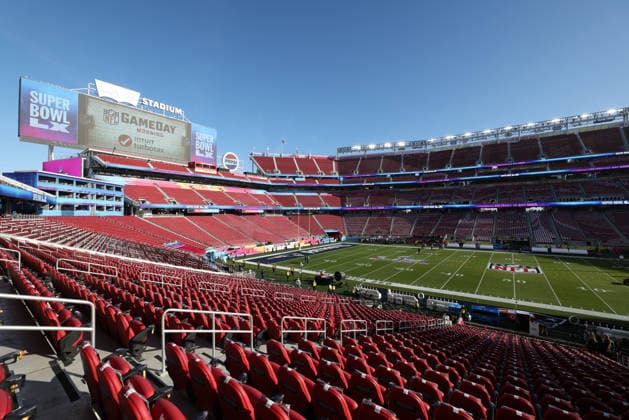 SANTA CLARA, CA - FEBRUARY 08: A general view of Levi s Stadium prior to the start of the Seattle Seahawks versus the New England Patriots Super Bowl LX game on February 8, 2026, at Levi s Stadium in Santa Clara, CA. (Photo by Matthew Huang Icon Sportswire) NFL, American Football Herren, USA FEB 08 Super Bowl LX Seahawks vs Patriots Pregame EDITORIAL USE ONLY Icon2602080125