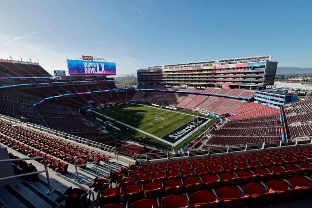 SANTA CLARA, CA - FEBRUARY 08: A general view of Levi s Stadium prior to the start of the Seattle Seahawks versus the New England Patriots Super Bowl LX game on February 8, 2026, at Levi s Stadium in Santa Clara, CA. (Photo by Bob Kupbens Icon Sportswire) NFL, American Football Herren, USA FEB 08 Super Bowl LX Seahawks vs Patriots Pregame EDITORIAL USE ONLY Icon2601010001