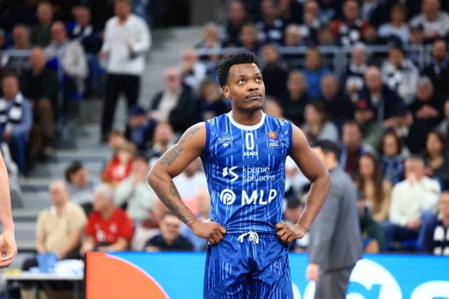 RECORD DATE NOT STATED Szene mit DJ Horne (0; MLP Academics Heidelberg) auf dem Spielfeld in der Halle easyCredit BBL: MLP Academics Heidelberg – FC Bayern München Basketball - 08.02.2026 Copyright: xMichaelxGelhardtx