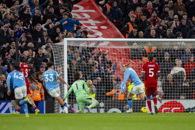 Football - FA Premier League - Liverpool FC v Manchester City FC LIVERPOOL, ENGLAND - Sunday, February 8, 2026: Manchester City s Erling Haaland celebrates after scoring his side s second goal with a penalty kick during the FA Premier League match between Liverpool FC and Manchester City FC at Anfield. (Photo by David Rawcliffe Propaganda) LIVERPOOL Anfield MERSEYSIDE ENGLAND  Copyright: xDavidxRawcliffex P2026-02-08-Liverpool_Man_City-124