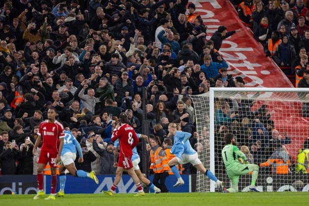 Football - FA Premier League - Liverpool FC v Manchester City FC LIVERPOOL, ENGLAND - Sunday, February 8, 2026: Manchester City s Erling Haaland celebrates after scoring his side s second goal with a penalty kick during the FA Premier League match between Liverpool FC and Manchester City FC at Anfield. (Photo by David Rawcliffe Propaganda) LIVERPOOL Anfield MERSEYSIDE ENGLAND  Copyright: xDavidxRawcliffex P2026-02-08-Liverpool_Man_City-125