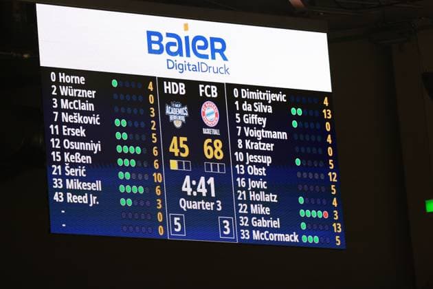 RECORD DATE NOT STATED Spielstandsanzeige mit Punkten und Spielerstatistiken von FC Bayern Basketball und MLP Academics Heidelberg im SNP-Dome easyCredit BBL: MLP Academics Heidelberg – FC Bayern München Basketball - 08.02.2026 Copyright: xMichaelxGelhardtx