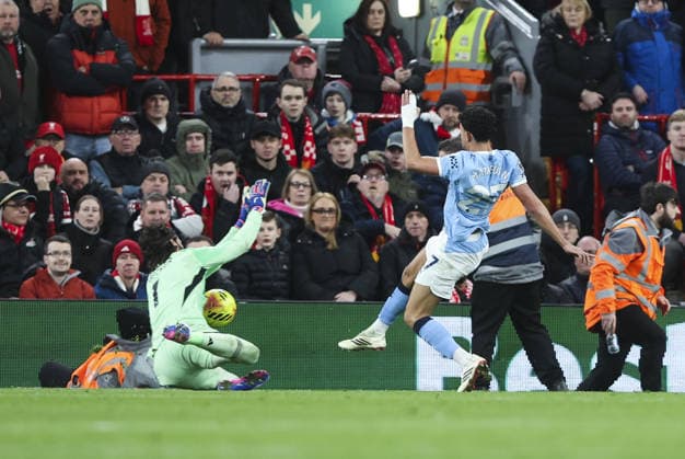 Liverpool v Manchester City, FA Premier League 08.02.26 Liverpool v Manchester City, FA Premier League Bradley Ormesher The Times Alisson Becker of Liverpool fouls Matheus Nunes for penalty  Copyright: xBradleyxOrmesherx NINTCHDBPICT001057467493