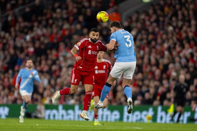 Football - FA Premier League - Liverpool FC v Manchester City FC LIVERPOOL, ENGLAND - Sunday, February 8, 2026: Liverpool s Mohamed Salah and Manchester City s Ruben Dias (R) during the FA Premier League match between Liverpool FC and Manchester City FC at Anfield. (Photo by David Rawcliffe Propaganda) LIVERPOOL Anfield MERSEYSIDE ENGLAND  Copyright: xDavidxRawcliffex P2026-02-08-Liverpool_Man_City-135
