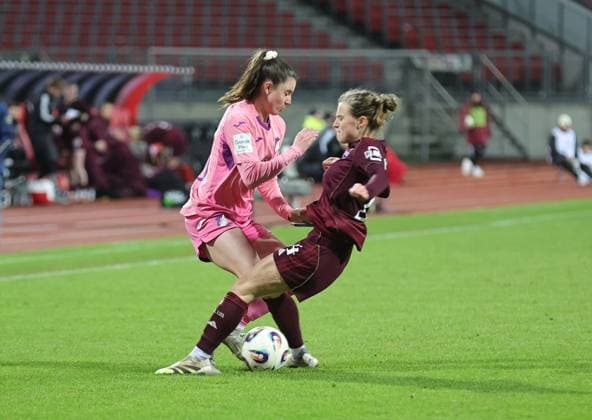 08.02.2026 - Fussball - Saison 2025 2026 - 1. Frauen - Fussball - Bundesliga - 17. Spieltag: 1. FC Nürnberg FCN ( Club ) - TSG 1899 Hoffenheim - Sportfoto Zink DaMa - xdaxmax - Chiara Marie Hahn (23, TSG Hoffenheim ) Nastassja Lein (24, 1. FC Nürnberg FCN )