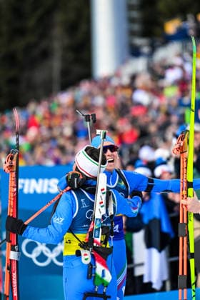 (260208) -- ANTERSELVA, Feb. 8, 2026 -- Dorothea Wierer (L) and Lisa Vittozzi of Italy celebrate after the biathlon mixed relay 4 x 6km (M+W) at the Milan-Cortina 2026 Olympic Winter games, Winterspiele,Spiele, Summer games in Anterselva, Italy, Feb. 8, 2026. ) (MICO2026)ITALY-ANTERSELVA-OLYMPIC WINTER GAMES-BIATHLON-MIXED RELAY 4 x 6KM (M+W) JiangxHan 