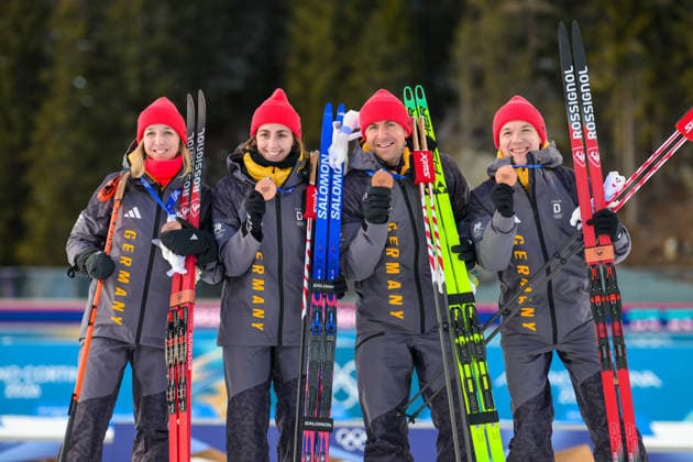 (260208) -- ANTERSELVA, Feb. 8, 2026 -- Bronze medalists Franziska Preuss (1st L), Vanessa Voigt (2nd L), Philipp Nawrath (2nd R) and Justus Strelow of Germany attend the awarding ceremony of the biathlon mixed relay 4 x 6km (M+W) at the Milan-Cortina 2026 Olympic Winter games, Winterspiele,Spiele, Summer games in Anterselva, Italy, Feb. 8, 2026. ) (MICO2026)ITALY-ANTERSELVA-OLYMPIC WINTER GAMES-BIATHLON-MIXED RELAY 4 x 6KM (M+W) JiangxHan 