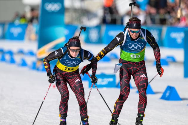 (260208) -- ANTERSELVA, Feb. 8, 2026 -- Philipp Nawrath (R) and Vanessa Voigt of Germany compete during the biathlon mixed relay 4 x 6km (M+W) at the Milan-Cortina 2026 Olympic Winter games, Winterspiele,Spiele, Summer games in Anterselva, Italy, Feb. 8, 2026. ) (MICO2026)ITALY-ANTERSELVA-OLYMPIC WINTER GAMES-BIATHLON-MIXED RELAY 4 x 6KM (M+W) JiangxHan 