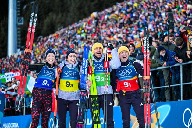 (260208) -- ANTERSELVA, Feb. 8, 2026 -- Franziska Preuss (1st L), Vanessa Voigt (2nd L), Philipp Nawrath (2nd R) and Justus Strelow of Germany celebrate after the biathlon mixed relay 4 x 6km (M+W) at the Milan-Cortina 2026 Olympic Winter games, Winterspiele,Spiele, Summer games in Anterselva, Italy, Feb. 8, 2026. ) (MICO2026)ITALY-ANTERSELVA-OLYMPIC WINTER GAMES-BIATHLON-MIXED RELAY 4 x 6KM (M+W) JiangxHan 