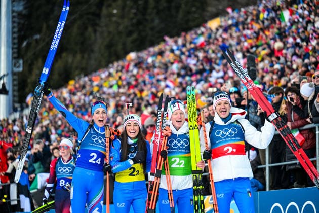 (260208) -- ANTERSELVA, Feb. 8, 2026 -- Silver medalists Lisa Vittozzi (1st L), Dorothea Wierer (2nd L), Lukas Hofer (2nd R) and Tommaso Giacomel of Italy celebrate after the biathlon mixed relay 4 x 6km (M+W) at the Milan-Cortina 2026 Olympic Winter games, Winterspiele,Spiele, Summer games in Anterselva, Italy, Feb. 8, 2026. ) (MICO2026)ITALY-ANTERSELVA-OLYMPIC WINTER GAMES-BIATHLON-MIXED RELAY 4 x 6KM (M+W) JiangxHan 