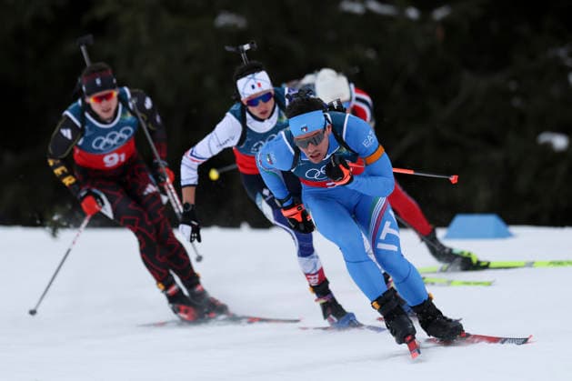 (260208) -- ANTERSELVA, Feb. 8, 2026 -- Tommaso Giacomel (front) of Italy, Eric Perrot (2nd L) of France and Justus Strelow (1st L) of Germany compete during the biathlon mixed relay 4 x 6km (M+W) at the Milan-Cortina 2026 Olympic Winter games, Winterspiele,Spiele, Summer games in Anterselva, Italy, Feb. 8, 2026. ) (MICO2026)ITALY-ANTERSELVA-OLYMPIC WINTER GAMES-BIATHLON-MIXED RELAY 4 x 6KM (M+W) ZhangxTao 