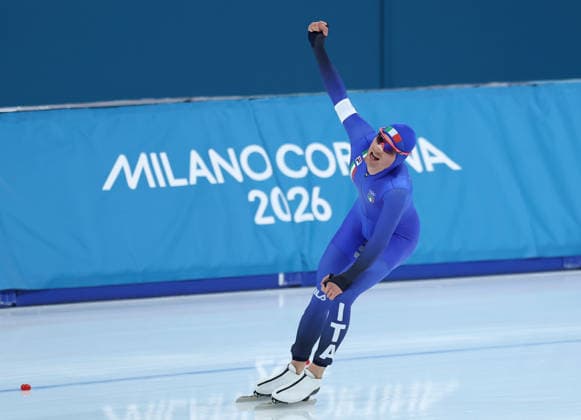 (260208) -- MILAN, Feb. 8, 2026 -- Riccardo Lorello of Italy celebrates after the Speed skating, Eisschnelllauf men s 5000m match at the Milan-Cortina 2026 Olympic Winter games, Winterspiele,Spiele, Summer games in Milan, Italy, Feb. 8, 2026. ) (MICO2026)ITALY-MILAN-OLYMPIC WINTER GAMES-SPEED SKATING-MEN S 5000M LixJing 