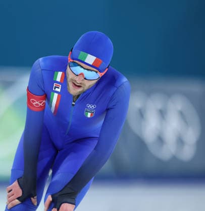 (260208) -- MILAN, Feb. 8, 2026 -- Michele Malfatti of Italy reacts after the Speed skating, Eisschnelllauf men s 5000m match at the Milan-Cortina 2026 Olympic Winter games, Winterspiele,Spiele, Summer games in Milan, Italy, Feb. 8, 2026. ) (MICO2026)ITALY-MILAN-OLYMPIC WINTER GAMES-SPEED SKATING-MEN S 5000M LixJing 