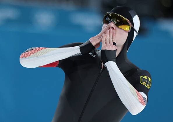 (260208) -- MILAN, Feb. 8, 2026 -- Gabriel Gross of Germany reacts after the Speed skating, Eisschnelllauf men s 5000m match at the Milan-Cortina 2026 Olympic Winter games, Winterspiele,Spiele, Summer games in Milan, Italy, Feb. 8, 2026. ) (MICO2026)ITALY-MILAN-OLYMPIC WINTER GAMES-SPEED SKATING-MEN S 5000M LixJing 