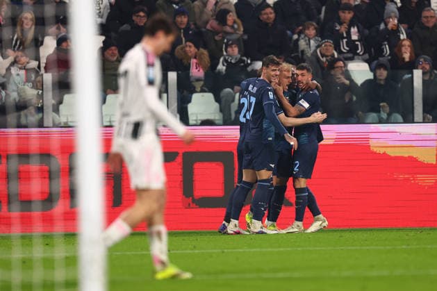 Gustav Isaksen (Ss Lazio) celebrates after scoring his team s second goal with team mates, Serie A, Juventus FC v Ss Lazio , Allianz Stadium, February 8, 2026, Turin, Italy.