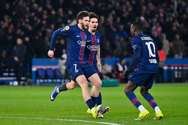 FOOTBALL : PSG vs Marseille - Ligue1 - 08 02 2026 Khvicha Kvaratskhelia ( 7 - PSG ) celebrates with Ousmane DEMBELE ( 10 - PSG ) during the Ligue 1 match between Paris Saint Germain and Olympique Marseille at Parc Des Princes on February 08 , 2026 in Paris, France. ( Photo by Federico Pestelini PsnewZ ) - ParisFrance  Copyright: xFedericoxPestelinix