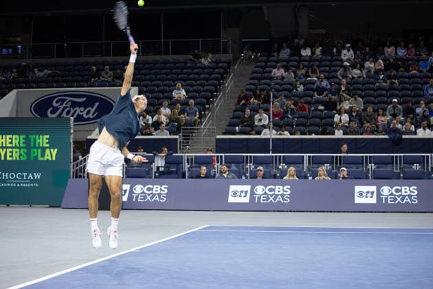 February 8, 2026, Frisco, Texas, USA: TRISTAN BOYER (USA) serves during a menâ€⠢s singles qualifying match at 2026 Nexo Dallas Open at The Ford Center at The Star in Frisco, Texas. Svadja defeated Boyer, 6:3, 5:7, 6:4. Tennis 2026: Dallas Open: Svadja 6:3, 5:7, 6:4 Boyer - ZUMAh193 20260208_zsp_h193_001 Copyright: xDanielxMcGregor-Huyerx