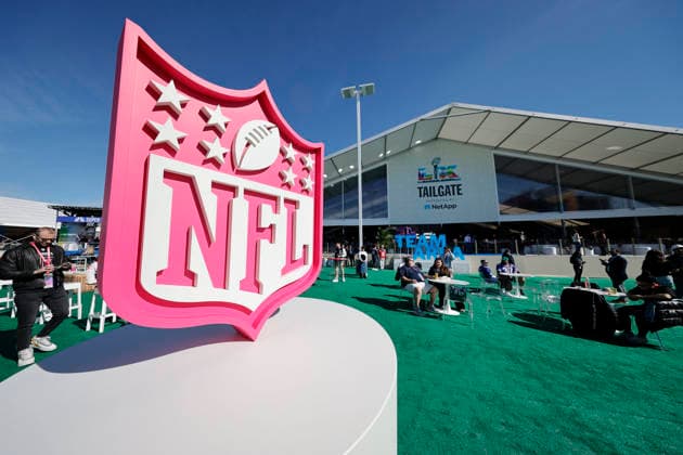 SANTA CLARA, CA - FEBRUARY 08: A pink NFL, American Football Herren, USA logo on display prior to the start of the Seattle Seahawks versus the New England Patriots Super Bowl LX game on February 8, 2026, at Levi s Stadium in Santa Clara, CA. (Photo by Bob Kupbens Icon Sportswire) NFL: FEB 08 Super Bowl LX Seahawks vs Patriots EDITORIAL USE ONLY Icon2602081226