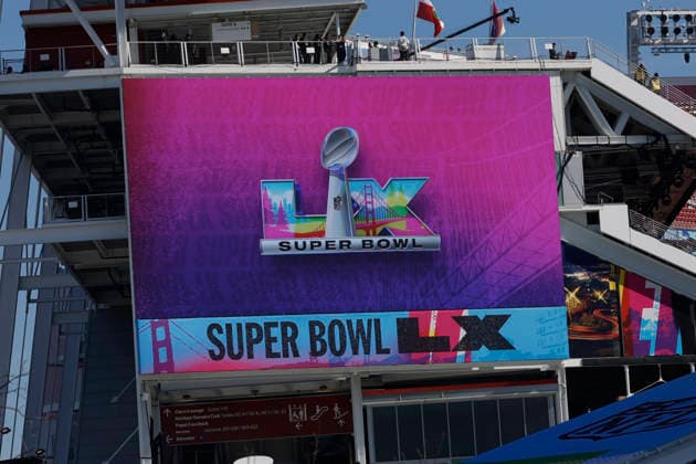 SANTA CLARA, CA - FEBRUARY 08: Super Bowl LX logo on display prior to the start of the Seattle Seahawks versus the New England Patriots Super Bowl LX game on February 8, 2026, at Levi s Stadium in Santa Clara, CA. (Photo by Bob Kupbens Icon Sportswire) NFL, American Football Herren, USA FEB 08 Super Bowl LX Seahawks vs Patriots EDITORIAL USE ONLY Icon2602081233