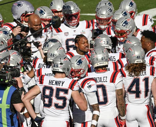 New England Patriots wide receiver Stefon Diggs (8) fires up his teammates before the start of Super Bowl LX at at Levi s Stadium in Santa Clara, California on Sunday, February 8, 2026. The Patriots will face the Seattle Seahawks in the game.  SBP20260208804 JONxSOOHOO