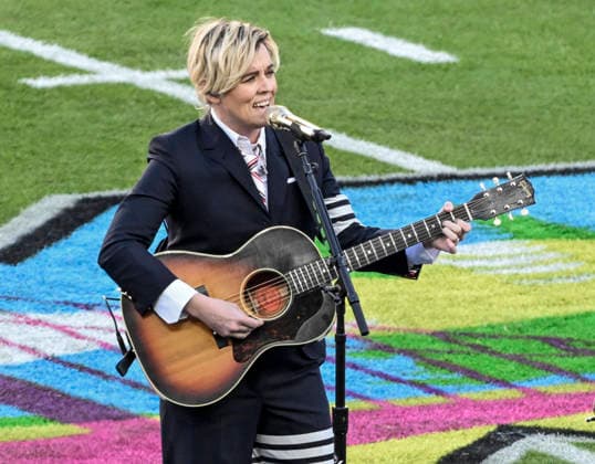 Brandi Carlile sings America the Beautiful before the start of Super Bowl LX at at Levi s Stadium in Santa Clara, California on Sunday, February 8, 2026. The New England Patriots will face the Seattle Seahawks in the game.  11SBP20260208811 JONxSOOHOO