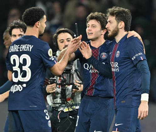 PSG v Olympique de Marseille: French Ligue 1 PARIS, FRANCE - FEBRUARY 08: Joao Neves (2nd R) of Paris Saint - Germain celebrates with Khvicha Kvaratskhelia (R) after scoring during the French Ligue 1 (L1) football match between Paris Saint-Germain (PSG) and Olympique de Marseille at Parc des Princes stadium in Paris, France on February 08, 2026. Mustafa Yalcin Anadolu Paris France. Editorial use only. Please get in touch for any other usage.  Copyright: x2026xAnadoluxMustafaxYalcinx
