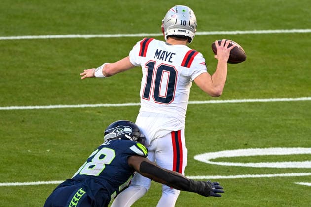 New England Patriots quarterback Drake Maye (10) is sacked by Seattle Seahawks linebacker Derick Hall (58) for a loss of 10 yards in the first quarter of Super Bowl LX at Levi s Stadium in Santa Clara, California on Sunday, February 8, 2026.  SBP20260208438 DAVIDxTULIS