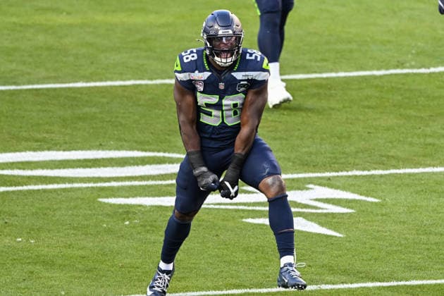 Seattle Seahawks linebacker Derick Hall (58) celebrates after a sack on New England Patriots quarterback Drake Maye (10) in the first quarter of Super Bowl LX at Levi s Stadium in Santa Clara, California on Sunday, February 8, 2026.  SBP20260208439 DAVIDxTULIS