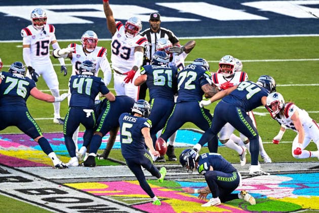 Seattle Seahawks kicker Jason Myers (5) kicks a field goal in the second quarter of Super Bowl LX at Levi s Stadium in Santa Clara, California on Sunday, February 8, 2026.  SBP20260208445 DAVIDxTULIS