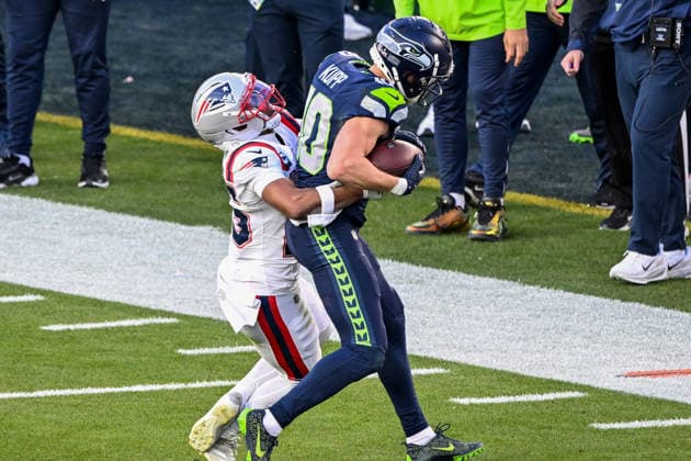 Seattle Seahawks wide receiver Cooper Kupp (10) is pushed out of bounds by New England Patriots cornerback Marcus Jones (25) in the second quarter of Super Bowl LX at Levi s Stadium in Santa Clara, California on Sunday, February 8, 2026.  SBP20260208447 DAVIDxTULIS
