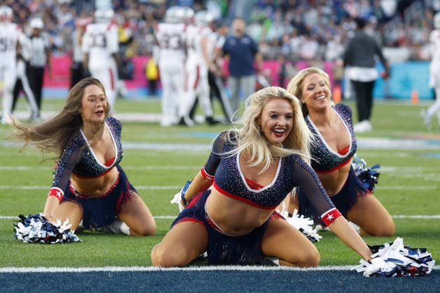 New England Patriots cheerleaders perform during a break in play between the New England Patriots and the Seattle Seahawks during the second quarter of Super Bowl LX at Levi s Stadium in Santa Clara, California on Sunday, February 8, 2026.  SBP20260208149 JOHNxANGELILLO