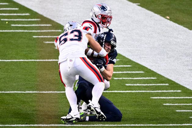 Seattle Seahawks wide receiver Cooper Kupp (10) is tackled by New England Patriots linebacker Christian Elliss (53) for a short gain with less than one minute left in the second quarter of Super Bowl LX at Levi s Stadium in Santa Clara, California on Sunday, February 8, 2026.  SBP20260208451 DAVIDxTULIS