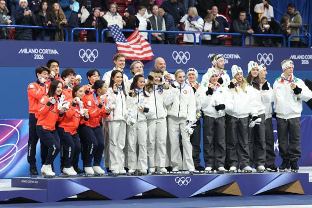 February 8, 2026, Milan, Lombardy, Italy: Team USA, Team Japan and Team Italy are the gold, silver and bronze medal winners during the Victory Ceremony of the Figure skating, Eiskunstlauf Team Event at the Milano Cortina 2026 Winter Olympic Games, Olympische Spiele, Olympia, OS Milan Italy - ZUMAc179 20260208_oly_c179_130 Copyright: xMickaelxChavetx