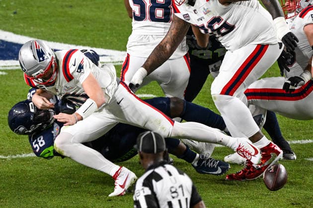 New England Patriots quarterback Drake Maye (10) is sacked and fumbles the ball, which was recovered by the Seattle Seahawks, in the third quarter of Super Bowl LX at Levi s Stadium in Santa Clara, California on Sunday, February 8, 2026.  SBP20260208473a DAVIDxTULIS